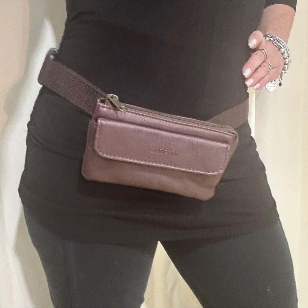 Mancini Brown Leather Waist Bag Belt Bag Fanny Pack, Adjustable Web Strap